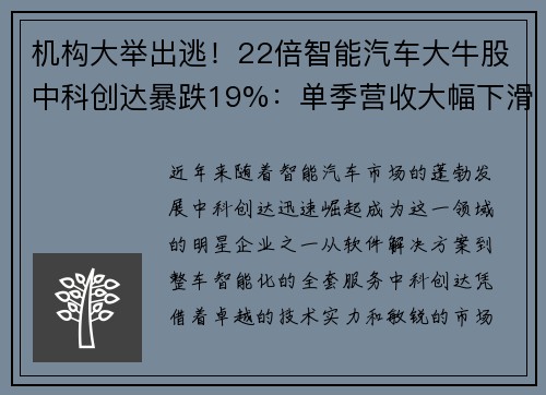 机构大举出逃！22倍智能汽车大牛股中科创达暴跌19%：单季营收大幅下滑引发市场恐慌