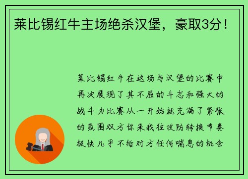 莱比锡红牛主场绝杀汉堡，豪取3分！