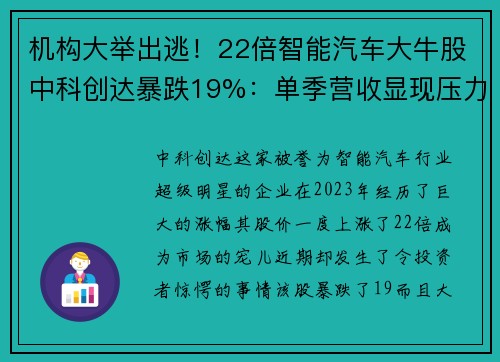 机构大举出逃！22倍智能汽车大牛股中科创达暴跌19%：单季营收显现压力